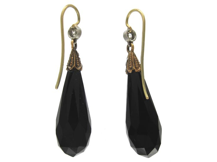 Art Deco Onyx & Rose Diamond Drop Earrings