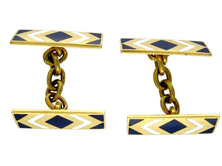 Art Deco Royal Blue & White Enamel 18ct Cufflinks