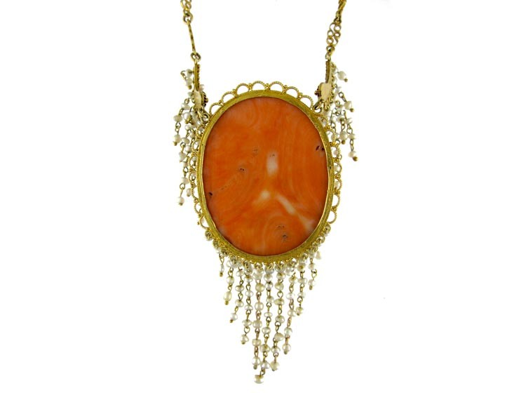 Coral Cameo 18ct Gold Necklace