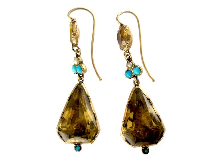Georgian Citrine, Turquoise Gold Drop Earrings