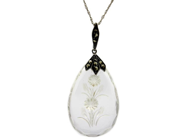 Art Deco Silver Marcasite & Rock Crystal Flower Pendant