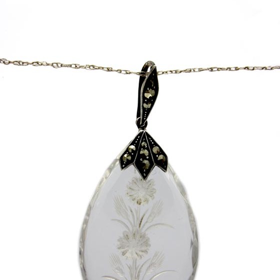 Art Deco Silver Marcasite & Rock Crystal Flower Pendant