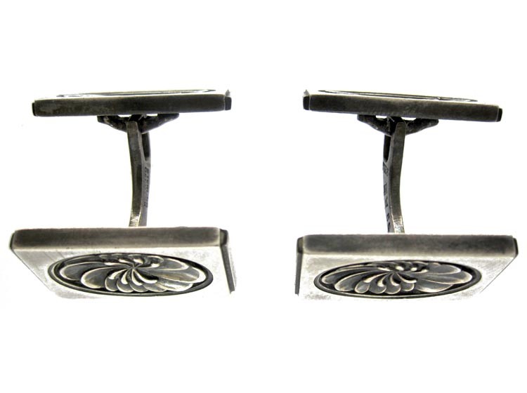 Mid Century Silver Rectangular Cufflinks With Floral Swirls, Designed by Henry Pilstrup for Georg Jensen