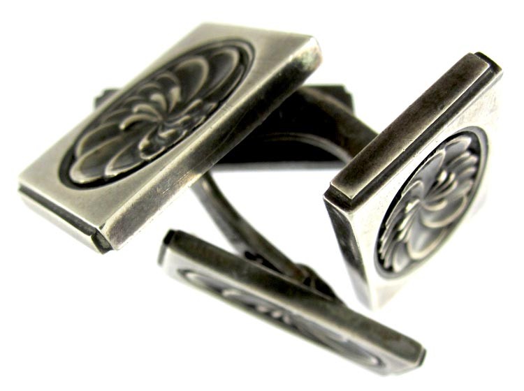 Mid Century Silver Rectangular Cufflinks With Floral Swirls, Designed by Henry Pilstrup for Georg Jensen