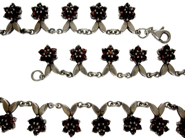 Silver & Garnet Flowers Motif Necklace