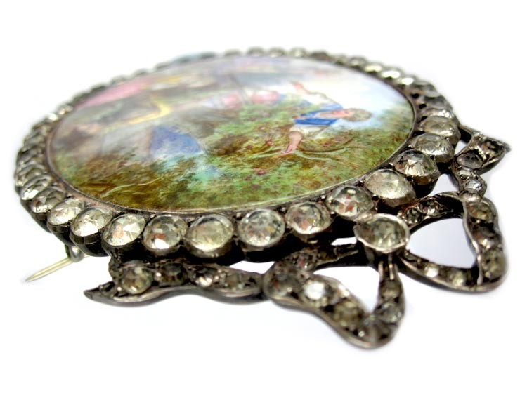 Georgian Large Oval Silver & Enamel Miniature Brooch After Boucher