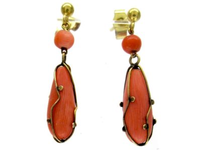 Coral & Caged Gold Drop Earrings
