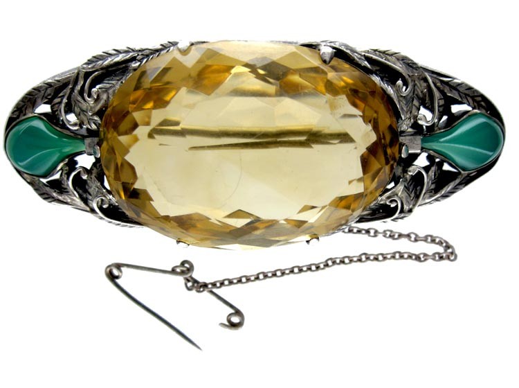 Arts & Crafts Silver, Citrine & Chalcedony Brooch by Bernard Instone