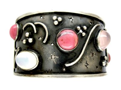 1960s Quartz & Rhodonite Cabochon Silver Cuff Bangle