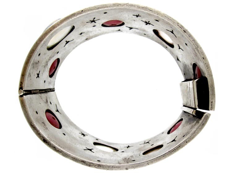 1960s Quartz & Rhodonite Cabochon Silver Cuff Bangle