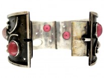 1960s Quartz & Rhodonite Cabochon Silver Cuff Bangle