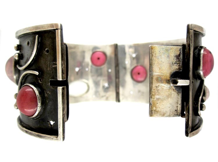 1960s Quartz & Rhodonite Cabochon Silver Cuff Bangle