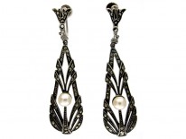Silver, Marcasite & Pearl Long Drop Earrings