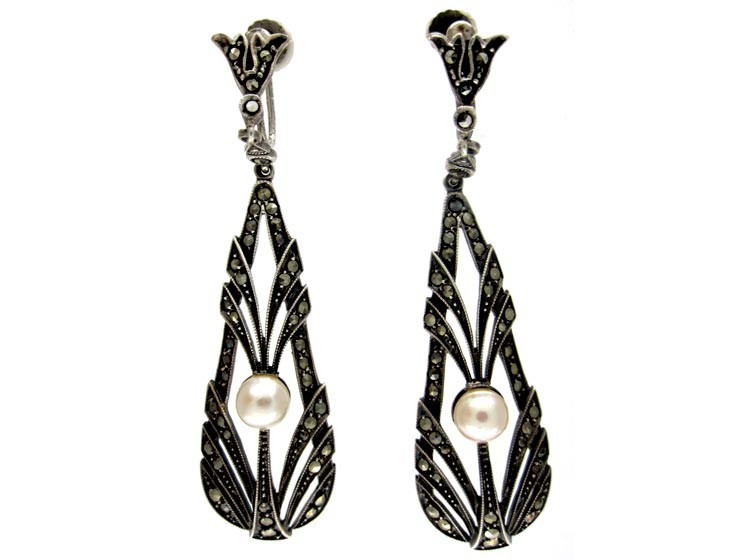 Silver, Marcasite & Pearl Long Drop Earrings