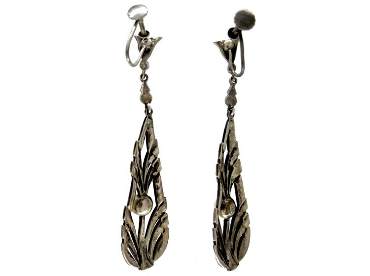 Silver, Marcasite & Pearl Long Drop Earrings