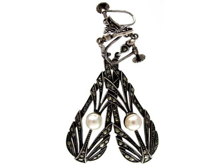 Silver, Marcasite & Pearl Long Drop Earrings