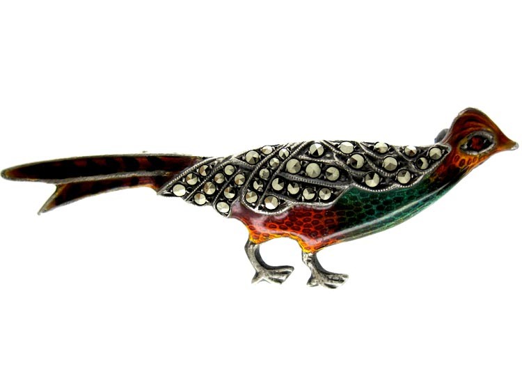Silver, Marcasite & Enamel Pheasant Brooch