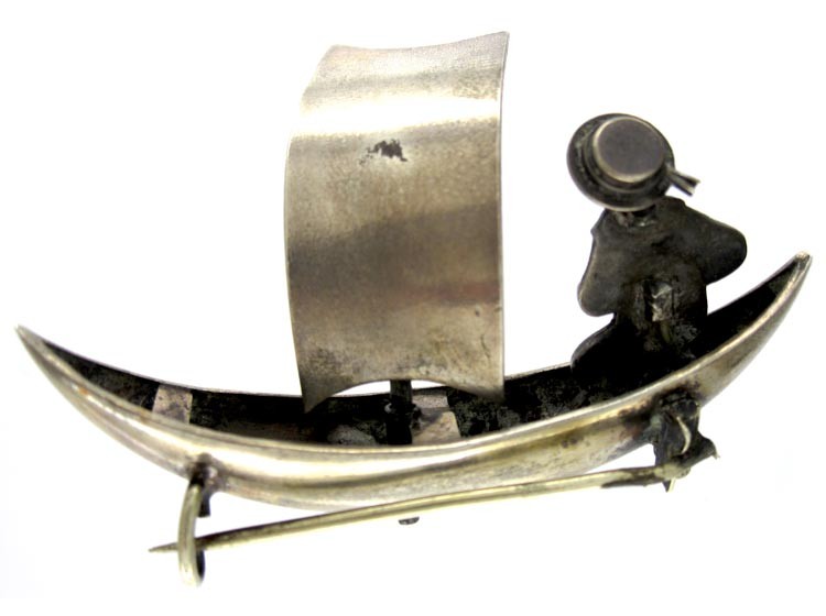 Silver Novelty Brooch of Sailor in His Boat