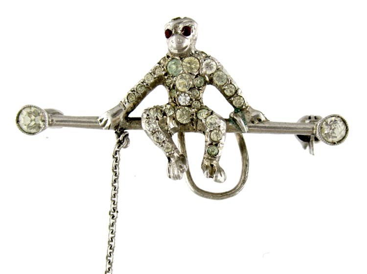 Paste-Set Silver Monkey Brooch