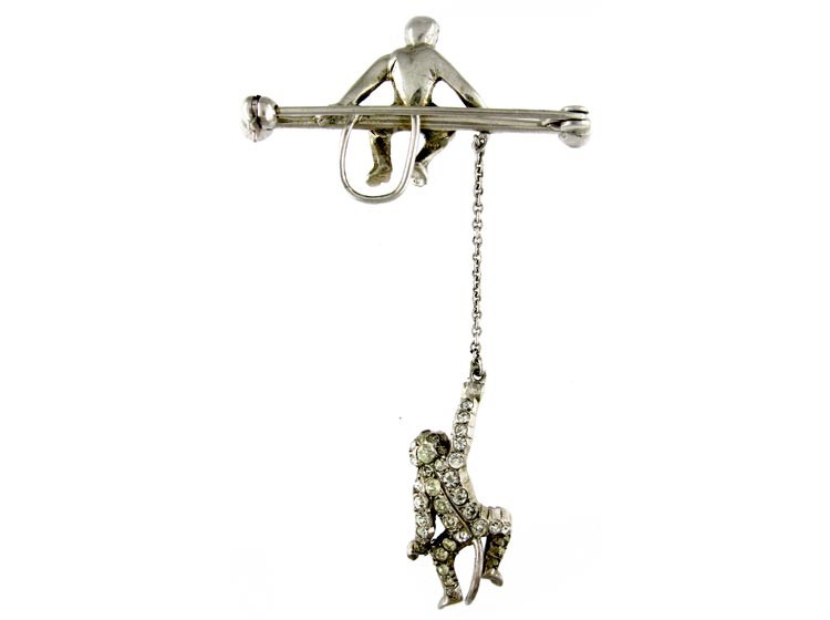 Paste-Set Silver Monkey Brooch