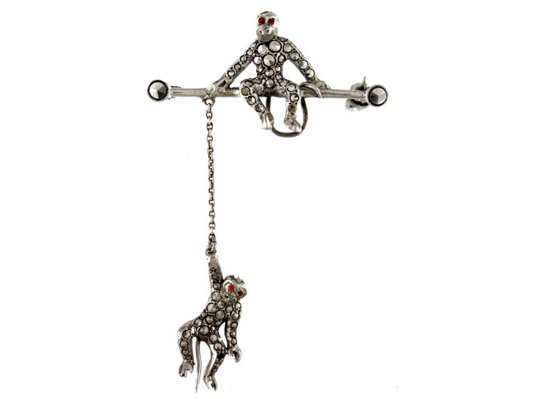 Marcasite Silver Double Monkey Brooch