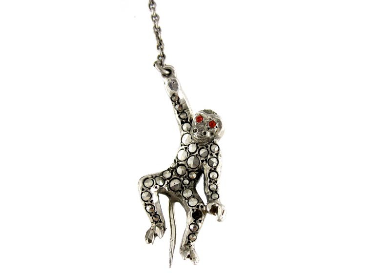 Marcasite Silver Double Monkey Brooch