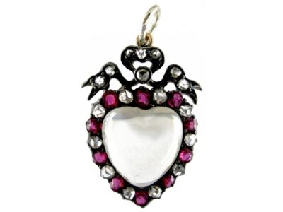 Edwardian Moonstone Ruby & Rose Diamond Heart Pendant