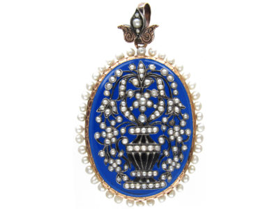 Early 19th Century French Natural Pearl & Blue Glass Locket & Pendant With Memorial Urn & Flowers