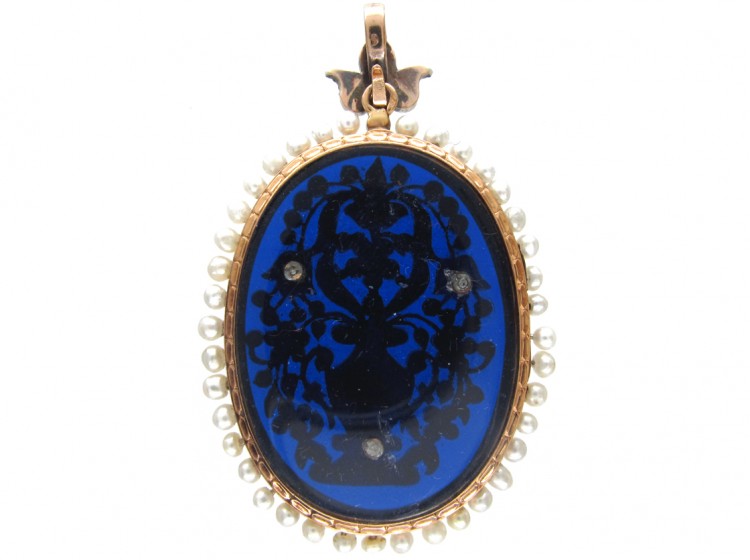 Early 19th Century French Natural Pearl & Blue Glass Locket & Pendant With Memorial Urn & Flowers