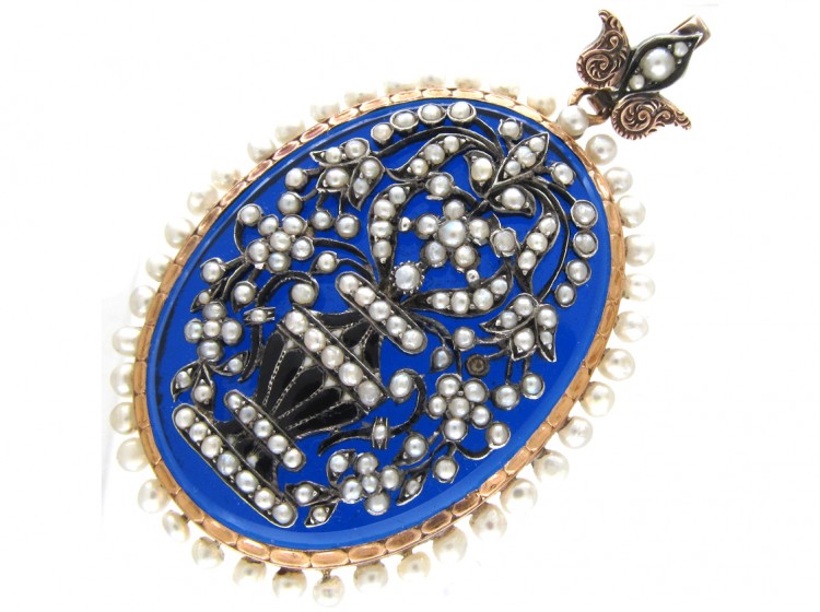 Early 19th Century French Natural Pearl & Blue Glass Locket & Pendant With Memorial Urn & Flowers