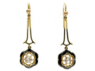 Black Enamel & Diamond Drop Earrings