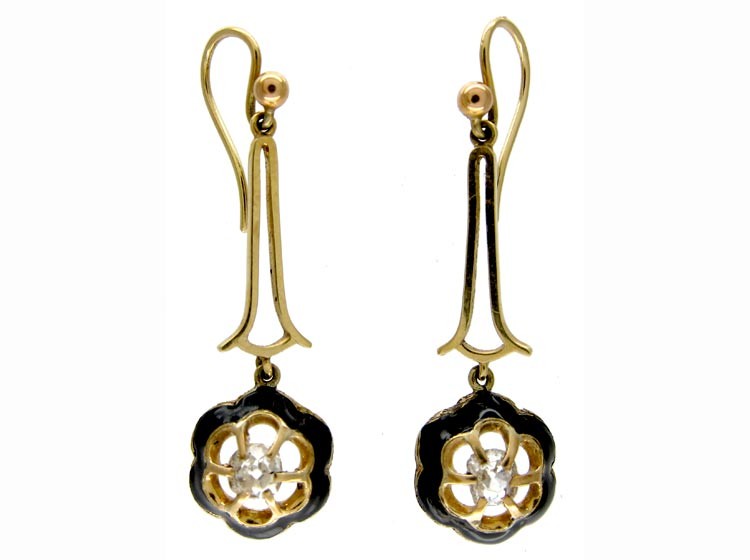 Black Enamel & Diamond Drop Earrings