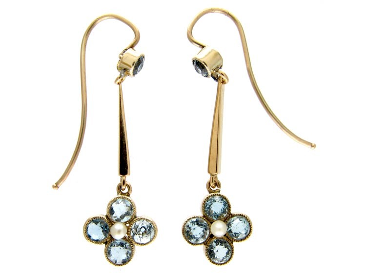 Aquamarine & Pearl 9ct Gold Drop Earrings