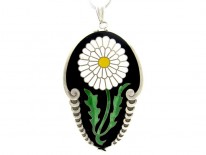 Danish Art Deco Silver & Enamel Large Flower Pendant on Silver Chain