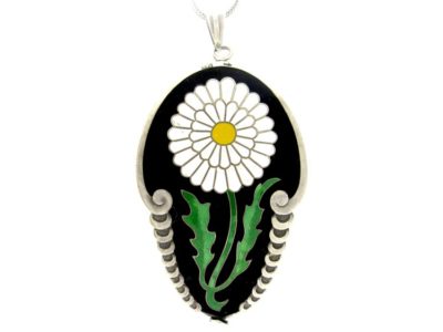 Danish Art Deco Silver & Enamel Large Flower Pendant on Silver Chain