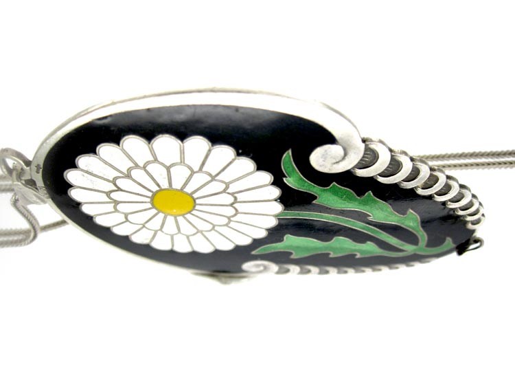 Danish Art Deco Silver & Enamel Large Flower Pendant on Silver Chain