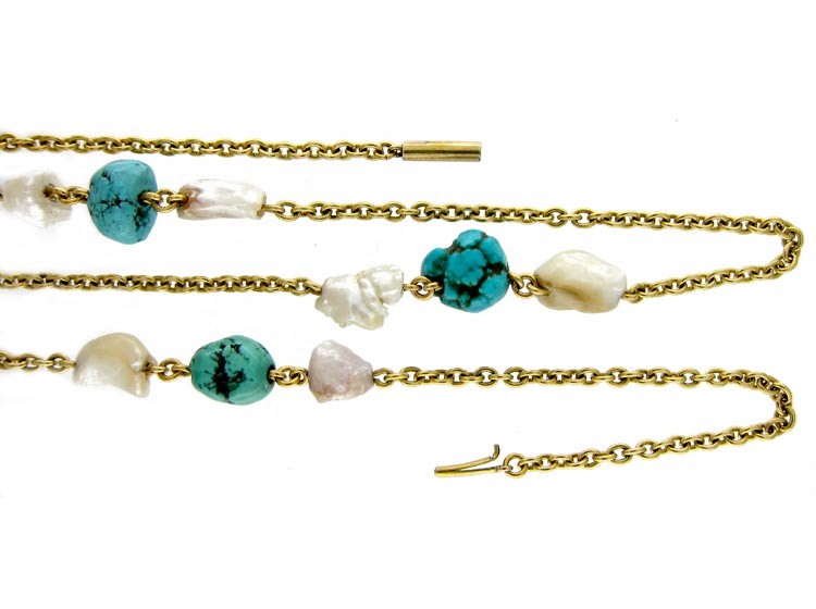 Turquoise & Baroque Pearl 18ct Gold Chain