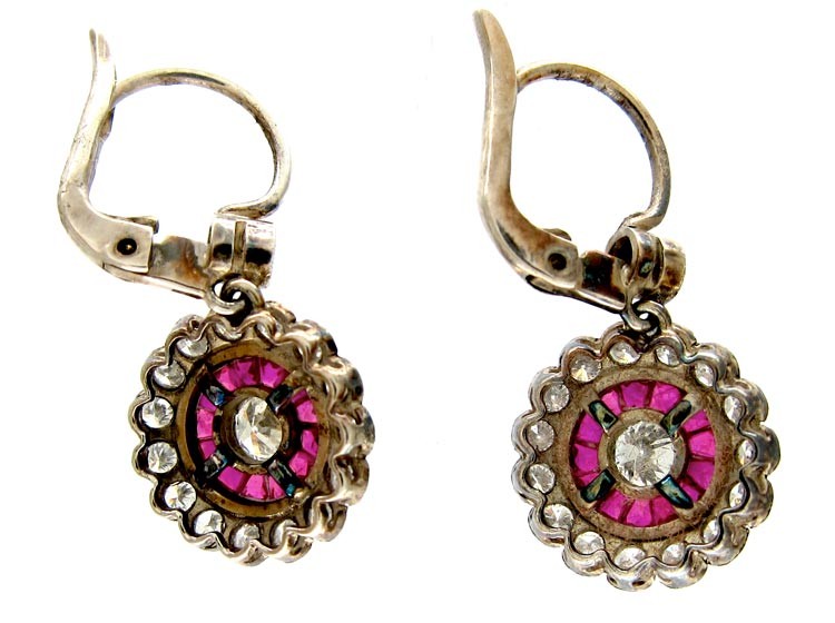 Ruby & Diamond Cluster Drop Earrings