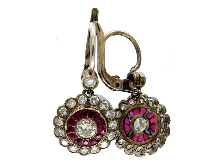 Ruby & Diamond Cluster Drop Earrings