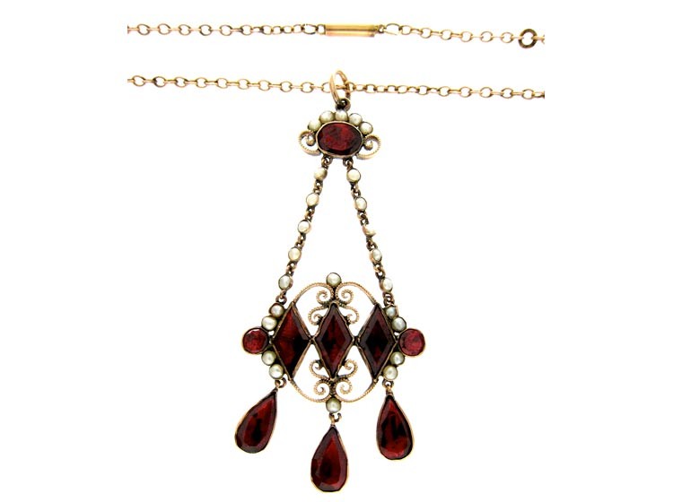 Garnet & Seed Pearl Pendant on Chain