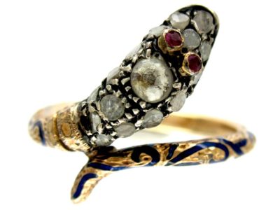 Georgian Rose Diamond & Ruby Snake Ring