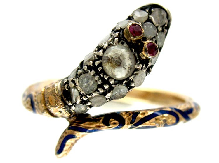 Georgian Rose Diamond & Ruby Snake Ring