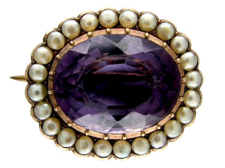15ct Gold Regency Amethyst & Natural Split Pearls Oval Brooch