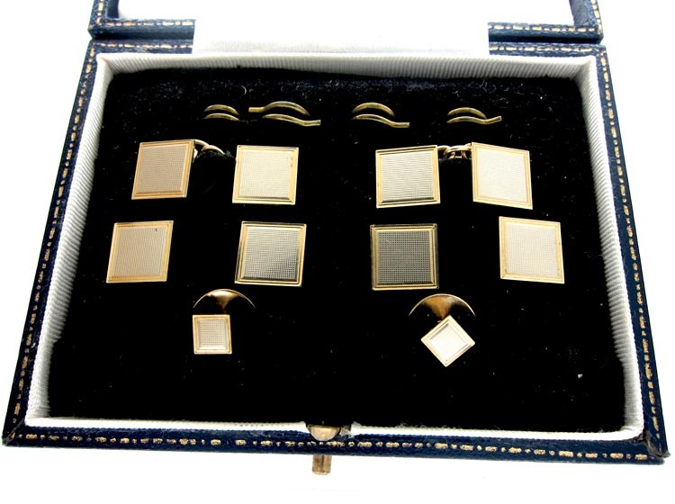 9ct Two Colour Gold Cuffs & Studs Set in Original Case