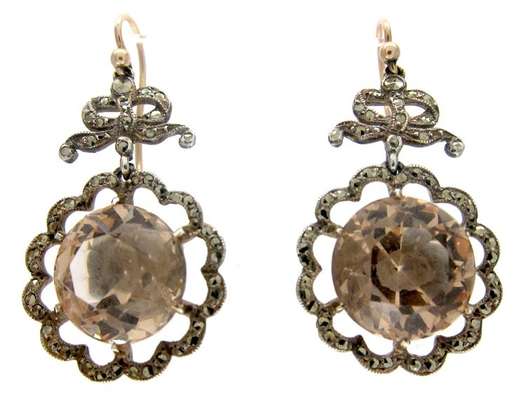 French Marcasite Citrine Drop Silver Earrings