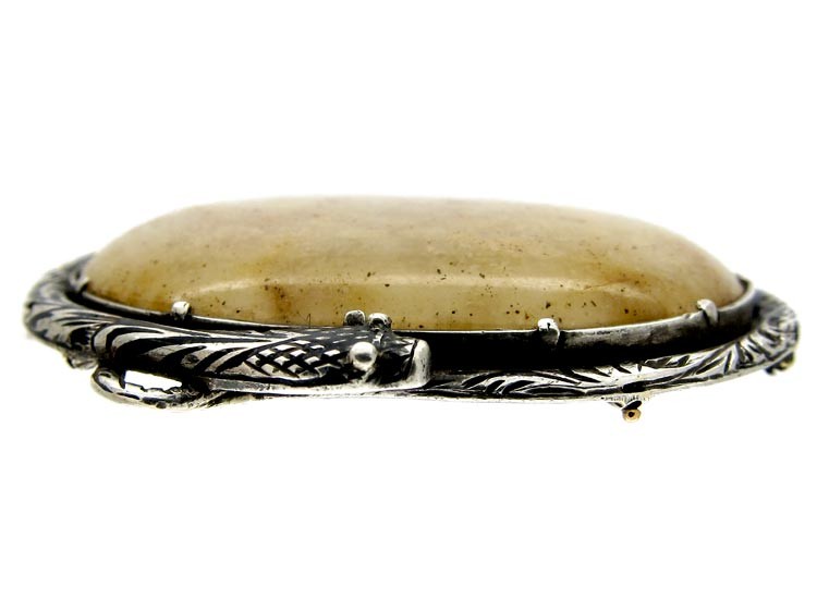 Victorian Agate Brooch with Silver Snake Coiled Around the Agate