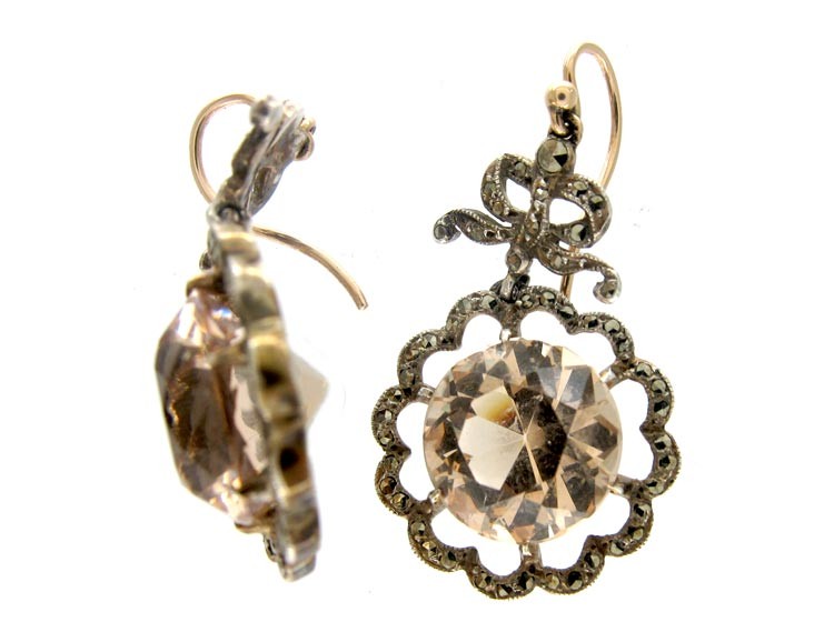 French Marcasite Citrine Drop Silver Earrings