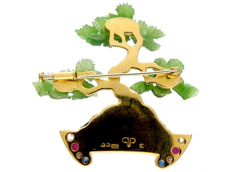 Bonsai 18ct Gold, Jade, Coral, Ruby & Diamond Brooch