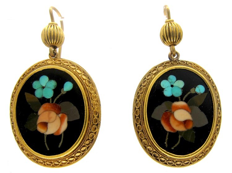 Pietra Dura Victorian 15ct Gold Earrings