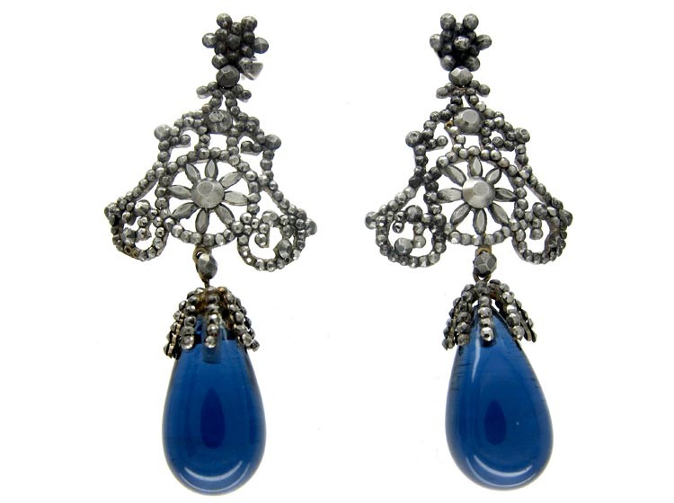 Georgian Cut Steel & Bristol Blue Glass Earrings